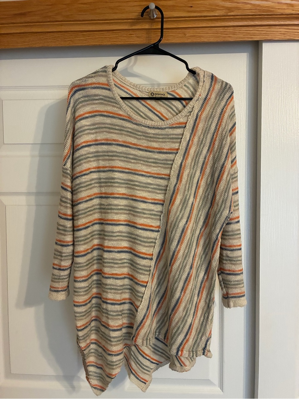 Democracy Striped Asymmetrical Lightweight Knit Sweater - Oatmeal, Navy, Orange
